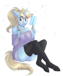 Size: 2079x2529 | Tagged: safe, artist:askbubblelee, oc, oc only, oc:kelly, unicorn, anthro, unguligrade anthro, anthro oc, blushing, clothes, female, food, high res, ice cream, mare, popsicle, sea salt ice cream, simple background, sitting, socks, solo, stockings, sweater, thigh highs, transparent background