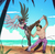 Size: 1200x1170 | Tagged: source needed, useless source url, safe, artist:melamoryblack, oc, oc only, oc:rio azura, oc:samba volta, earth pony, griffon, anthro, anthro oc, armpits, beach, campolina, capoeira, clothes, female, male, sand, sky, sparring, stallion, topless, water