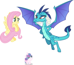 Size: 7029x6116 | Tagged: safe, artist:iscord, artist:luckreza8, artist:mattbas, artist:ninjashadow-x, fluttershy, princess ember, princess flurry heart, alicorn, dragon, pegasus, pony, g4, absurd resolution, dragoness, female, filly, flying, mare, simple background, tail hold, transparent background, trio, vector