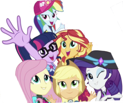 Size: 833x699 | Tagged: safe, edit, edited screencap, editor:php77, screencap, applejack, fluttershy, pinkie pie, rainbow dash, rarity, sci-twi, sunset shimmer, twilight sparkle, human, equestria girls, equestria girls specials, g4, my little pony equestria girls: better together, my little pony equestria girls: forgotten friendship, background removed, cap, clothes, female, group photo, hat, humane five, not a vector, open mouth, simple background, sun hat, swimsuit