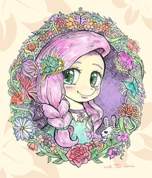 Size: 800x937 | Tagged: safe, artist:connielin718, angel bunny, fluttershy, pegasus, pony, rabbit, g4, bust, cute, duo, female, flower, hair ornament, jewelry, looking at you, looking sideways, male, mare, pendant, portrait, shyabetes, smiling, traditional art