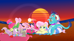 Size: 3840x2160 | Tagged: safe, artist:rupert, fluttershy, pinkie pie, princess ember, spike, dragon, earth pony, pegasus, pony, g4, 80's fashion, 80s, bandeau, beach, beach ball, female, food, game boy, high res, ice cream, ice cream cone, inflatable, male, prehensile mane, retrowave, sunset, synthwave