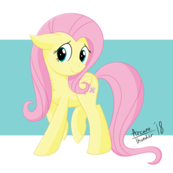 Size: 5000x5000 | Tagged: safe, artist:arcane-thunder, fluttershy, pegasus, pony, g4, absurd resolution, chest fluff, digital art, female, floppy ears, folded wings, looking at you, looking sideways, mare, raised hoof, raised leg, signature, simple background, smiling, solo, transparent background, turned head