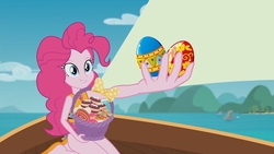 Size: 1387x780 | Tagged: safe, edit, edited screencap, screencap, pinkie pie, equestria girls, g4, my little pony equestria girls: better together, the salty sails, clothes, cupcake, egg, food, ocean, pinkie's basket treasure, sailing, ship, swimsuit