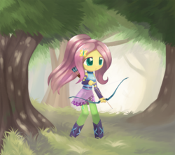 Size: 1350x1200 | Tagged: safe, artist:howxu, fluttershy, equestria girls, g4, my little pony equestria girls: friendship games, alternate hairstyle, arrow, boots, bow (weapon), bow and arrow, clothes, cute, female, forest, pantyhose, ponytail, quiver, shoes, shyabetes, skirt, solo, tree, weapon