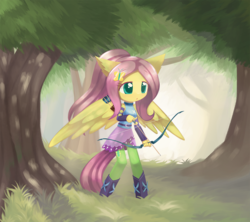 Size: 1350x1200 | Tagged: safe, alternate version, artist:howxu, fluttershy, equestria girls, g4, my little pony equestria girls: friendship games, alternate hairstyle, arrow, bow (weapon), bow and arrow, cute, ear fluff, female, forest, ponied up, ponytail, shyabetes, solo, weapon, wings