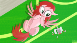 Size: 5120x2880 | Tagged: safe, artist:just rusya, oc, oc only, pegasus, pony, candy, food, grass, lying, on back, open mouth, solo, spread wings, underhoof, wings