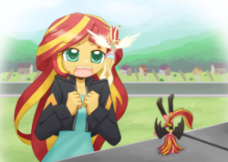 Size: 1407x1000 | Tagged: safe, artist:howxu, sunset shimmer, angel, equestria girls, g4, clothes, crossover, cute, daydream shimmer, disney, female, good end, handstand, multeity, parody, shimmerbetes, shoulder angel, shoulder devil, signature, sunset satan, sunset's conscience, the emperor's new groove, upside down