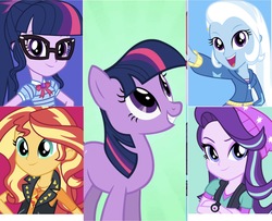 Size: 1886x1535 | Tagged: safe, editor:php77, sci-twi, starlight glimmer, sunset shimmer, trixie, twilight sparkle, earth pony, human, pony, equestria girls, equestria girls specials, g4, my little pony equestria girls: better together, my little pony equestria girls: mirror magic, beanie, clothes, counterparts, crossed arms, earth pony twilight, geode of empathy, geode of telekinesis, hat, human ponidox, looking at you, magical geodes, missing horn, open mouth, self ponidox, smiling, twilight's counterparts, vest, watch, wristwatch