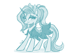 Size: 1280x960 | Tagged: safe, artist:taligintou, sassy saddles, pony, unicorn, g4, 30 minute art challenge, clothes, ear piercing, female, mare, monochrome, piercing, side view, simple background, solo, white background