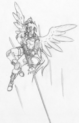 Size: 1732x2696 | Tagged: safe, artist:siegfriednox, oc, oc:morning glory (project horizons), pegasus, anthro, fallout equestria, fallout equestria: project horizons, combat, flying, grand pegasus enclave, laser, traditional art, weapon