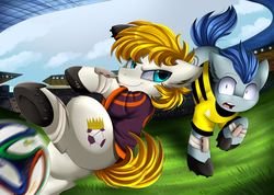 Size: 3518x2509 | Tagged: safe, artist:pridark, oc, oc only, oc:striker, unnamed oc, pony, audience, ball, clothes, commission, duo, football, high res, open mouth, soccer field, sports, stadium