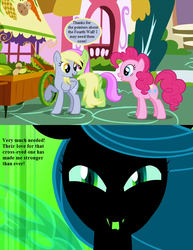 Size: 629x814 | Tagged: safe, edit, edited screencap, editor:korora, screencap, derpy hooves, merry may, pinkie pie, queen chrysalis, changeling, changeling queen, a canterlot wedding, g4, griffon the brush off, cropped, disguise, disguised changeling, fake derpy, female, fourth wall, implied derpy, impostor, speech bubble, text, uh oh