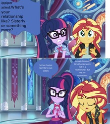 Size: 1135x1281 | Tagged: safe, editor:php77, sci-twi, sunset shimmer, twilight sparkle, equestria girls, equestria girls series, g4, belt, bowtie, clothes, comic, female, geode of empathy, geode of telekinesis, glasses, jacket, leather jacket, lesbian, looking at you, magical geodes, ponytail, ship:sci-twishimmer, ship:sunsetsparkle, shipping