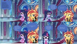 Size: 1915x1093 | Tagged: safe, editor:php77, sci-twi, sunset shimmer, twilight sparkle, equestria girls, equestria girls series, g4, bowtie, clothes, comic, cute, female, geode of empathy, glasses, hand on hip, jacket, leather jacket, lesbian, magical geodes, ponytail, ship:sci-twishimmer, ship:sunsetsparkle, shipping, twiabetes