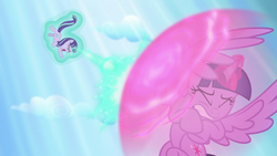 Size: 1280x720 | Tagged: safe, screencap, starlight glimmer, twilight sparkle, alicorn, pony, unicorn, g4, the cutie re-mark, blast, eyes closed, female, force field, glowing horn, gritted teeth, horn, magic, magic blast, mare, open mouth, s5 starlight, shield, twilight sparkle (alicorn)