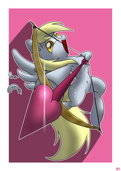Size: 2893x4092 | Tagged: safe, artist:richard-skip, derpy hooves, pegasus, pony, g4, abstract background, armpits, arrow, bow, cupid, cutie mark, feather, female, flying, heart arrow, holiday, mare, open mouth, solo, valentine's day