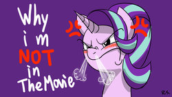 Size: 1600x900 | Tagged: safe, artist:richard-skip, starlight glimmer, pony, unicorn, g4, my little pony: the movie, angry, cross-popping veins, female, frown, grammar error, mare, meme, no-showlight glimmer, simple background, snorting, solo, text, triggered