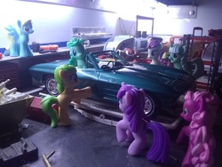 Size: 3264x2448 | Tagged: safe, cheerilee, fleur de verre, lyra heartstrings, perfect pie, sassaflash, spring melody, sprinkle medley, starlight glimmer, g4, apple family member, car, chevrolet corvette, everfree customs, female, garage, high res, irl, photo, toy