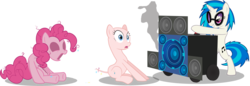 Size: 3998x1374 | Tagged: safe, artist:br-david, artist:dusk2k, artist:shinodage, edit, editor:slayerbvc, vector edit, dj pon-3, pinkie pie, vinyl scratch, earth pony, pony, unicorn, g4, assisted exposure, bald, bass cannon, bipedal, cartoon physics, cutie mark, female, furless, furless edit, mare, messy mane, nude edit, nudity, pinkie being pinkie, pinkie physics, shaved, shaved tail, simple background, smoke, surprised, this will end in deafness, transparent background, vector, wardrobe malfunction