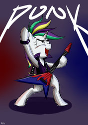 Size: 1600x2263 | Tagged: safe, artist:richard-skip, rarity, pony, unicorn, g4, alternate hairstyle, bipedal, clothes, electric guitar, female, gradient background, guitar, guitarity, jacket, mare, musical instrument, open mouth, punk, raripunk, solo, wristband