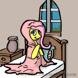 Size: 300x300 | Tagged: safe, artist:neyonic, fluttershy, pony, g4, bed, blanket, cozy, female, looking at you, mare, smiling, solo, wrapped up