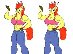 Size: 1708x1285 | Tagged: safe, artist:matchstickman, apple bloom, earth pony, anthro, matchstickman's apple brawn series, g4, abs, apple brawn, biceps, breasts, busty apple bloom, clothes, deltoids, female, fingerless gloves, flexing, gloves, jeans, looking at you, mare, muscles, older, older apple bloom, pants, pointing, puzzled, question mark, simple background, solo, sports bra, white background
