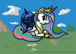 Size: 294x212 | Tagged: safe, artist:neyonic, princess celestia, princess luna, alicorn, pony, g4, duo, female, jewelry, looking back, mare, missing accessory, picture for breezies, prone, regalia, sisters, sleeping, smiling