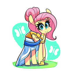 Size: 1961x1957 | Tagged: safe, artist:sourspot, fluttershy, pegasus, pony, fake it 'til you make it, g4, clothes, cute, dress, female, folded wings, looking at you, mare, smiling, solo, standing, three quarter view, warrior of inner strength, warriorshy, wings