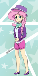 Size: 974x1943 | Tagged: safe, artist:php54, fluttershy, human, fake it 'til you make it, g4, my little pony: friendship is magic, 2018, alternate hairstyle, bandana, clothes, female, fluttershy day, hat, hipster, hipstershy, humanized, shorts, solo, starry background, top hat