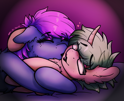Size: 2225x1817 | Tagged: safe, artist:aaa-its-spook, oc, oc only, oc:hooters, oc:spook, bat pony, pony, unicorn, chest fluff, curved horn, eyes closed, eyeshadow, female, fluffy, freckles, glasses, horn, kissing, lesbian, lipstick, makeup, oc x oc, shipping, snuggling