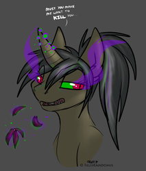 Size: 827x972 | Tagged: safe, artist:felisrandomis, oc, oc only, oc:mercury shine, pony, unicorn, bust, corrupted, dark magic, flower, magic, sharp teeth, sombra eyes, teeth, text