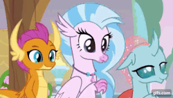 Size: 640x360 | Tagged: safe, screencap, fluttershy, gallus, ocellus, sandbar, silverstream, smolder, yona, changedling, changeling, dragon, griffon, hippogriff, mouse, pony, pukwudgie, yak, g4, school daze, animated, butt, disguise, disguised changeling, female, friendship always wins, gif, mare, plot, student six