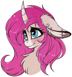 Size: 1833x1965 | Tagged: safe, artist:meggchan, oc, oc only, oc:tarot, classical unicorn, pony, unicorn, blushing, bust, chest fluff, cute, ear piercing, female, fluffy, freckles, horn, looking up, mare, palomino, piercing, shy, simple background, solo, transparent background