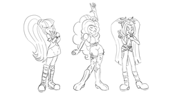 Size: 1920x1080 | Tagged: safe, adagio dazzle, aria blaze, sonata dusk, equestria girls, g4, eyes closed, lineart, microphone, one eye closed, peace sign, the dazzlings, wink