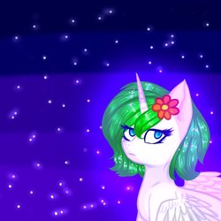 Size: 2000x2000 | Tagged: safe, artist:g-raven, oc, oc only, oc:princess margarita, alicorn, pony, alicorn oc, flower, flower in hair, high res, looking at you, space, stars