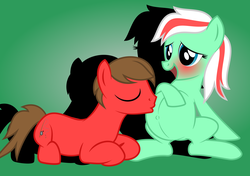 Size: 3400x2400 | Tagged: safe, artist:mintydrop2013, oc, oc only, oc:drop shot, oc:minty fresh, earth pony, pony, blushing, couple, cute, eyes closed, female, high res, hoof on belly, husband and wife, kissing, male, married couple, multiple pregnancy, pregnant, shadow, shipping, sitting