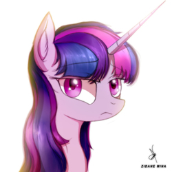 Size: 720x720 | Tagged: safe, artist:zidanemina, twilight sparkle, pony, unicorn, g4, bust, ear fluff, female, frown, horn, looking at you, mare, portrait, sharp horn, signature, simple background, solo, unicorn twilight, white background