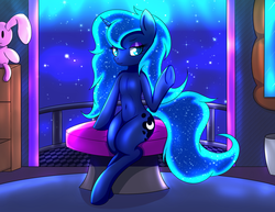 Size: 2200x1695 | Tagged: safe, artist:canister, princess luna, alicorn, pony, rabbit, semi-anthro, g4, :3, balcony, bedroom, bedroom eyes, belly button, dresser, ethereal mane, explicit source, female, frog (hoof), messy mane, mirror, night, night sky, plushie, seat, sitting, sky, solo, starry mane, stars, underhoof