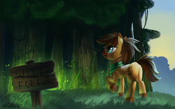 Size: 4000x2500 | Tagged: safe, artist:jedayskayvoker, oc, oc only, pony, commission, female, forest, mare, raised hoof, scared, scenery, sign, tree, ych result