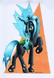 Size: 700x1001 | Tagged: safe, artist:andpie, queen chrysalis, changeling, changeling queen, g4, crown, female, jewelry, raised hoof, regalia, solo, traditional art