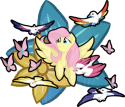 Size: 2229x1907 | Tagged: safe, artist:tuppkam1, fluttershy, bird, butterfly, pegasus, pony, g4, female, flying, mare, simple background, solo, transparent background