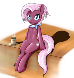 Size: 1500x1580 | Tagged: safe, artist:canister, jasmine leaf, earth pony, pony, g4, belly button, clothes, cute, female, food, jasminebetes, mare, scarf, sitting, solo, tea