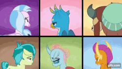 Size: 640x360 | Tagged: safe, screencap, gallus, ocellus, sandbar, silverstream, smolder, yona, changedling, changeling, classical hippogriff, dragon, earth pony, griffon, hippogriff, pony, yak, g4, school daze, animated, cloven hooves, dragoness, female, gif, jewelry, male, necklace, school of friendship, student six, teenager