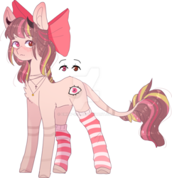 Size: 1024x1058 | Tagged: safe, artist:erinartista, oc, oc only, earth pony, pony, blushing, bow, clothes, female, hair bow, heterochromia, horns, leonine tail, mare, simple background, socks, solo, striped socks, transparent background, watermark