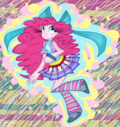 Size: 1398x1472 | Tagged: safe, artist:kasi-ona, pinkie pie, equestria girls, g4, bow, clothes, cute, diapinkes, female, leg warmers, moe, paint tool sai, pleated skirt, shoes, skirt, smiling, solo