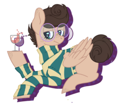 Size: 1800x1600 | Tagged: safe, artist:peachjay, oc, oc only, oc:tipsy doodle, pegasus, pony, alcohol, clothes, glass, male, prone, simple background, solo, stallion, sweater, transparent background, wine, wine glass