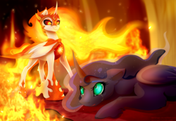Size: 5000x3450 | Tagged: safe, artist:isorrayi, daybreaker, princess luna, alicorn, pony, g4, absurd resolution, alternate timeline, alternate universe, armor, crying, duo, female, fire, horn, jewelry, regalia, slit pupils, this will end in tears, wings