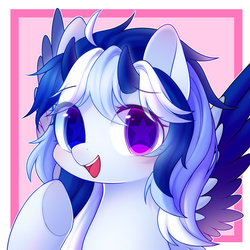 Size: 1800x1800 | Tagged: safe, artist:leafywind, oc, oc only, pony, abstract background, bust, colored pupils, colored wings, colored wingtips, cute, female, heterochromia, horns, looking at you, mare, multicolored hair, open mouth, portrait, smiling, solo, spread wings, starry eyes, two toned wings, underhoof, wingding eyes, wings