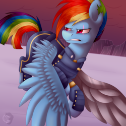 Size: 5000x5000 | Tagged: safe, artist:spirit-1, rainbow dash, pegasus, pony, g4, absurd resolution, alternate timeline, amputee, apocalypse dash, augmented, crystal war timeline, female, mare, military, military uniform, prosthetic limb, prosthetic wing, prosthetics, scar, short tail, solo, torn ear